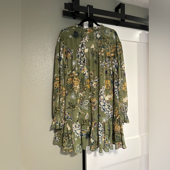 Green printed Free People longsleeve dress with slip - Picture 2 of 3